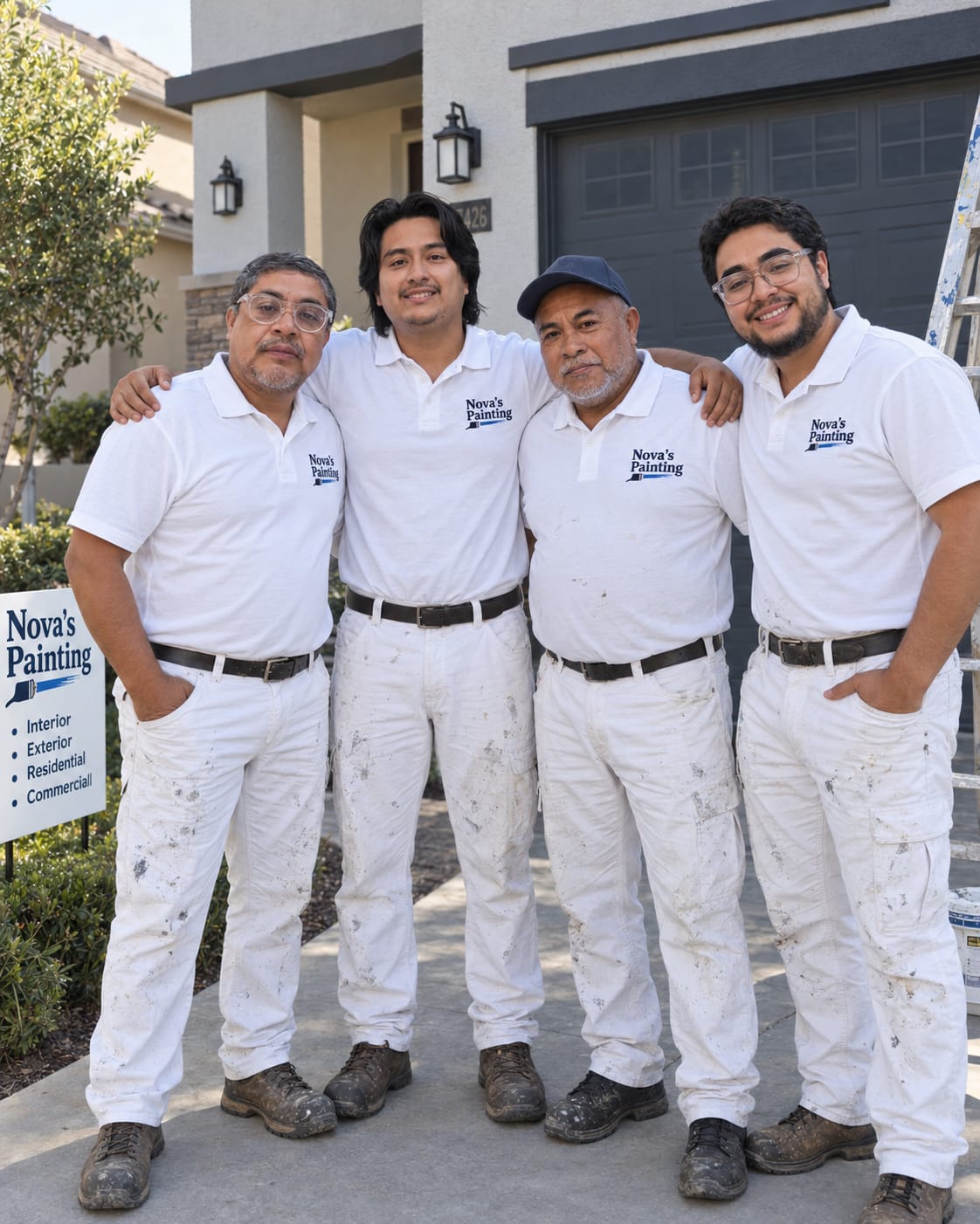 Four Nova’s Painting team members in white company uniforms standing together outside a home