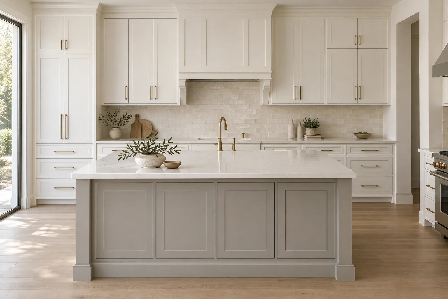 Cabinet color inspiration with warm white Shaker doors and brass hardware
