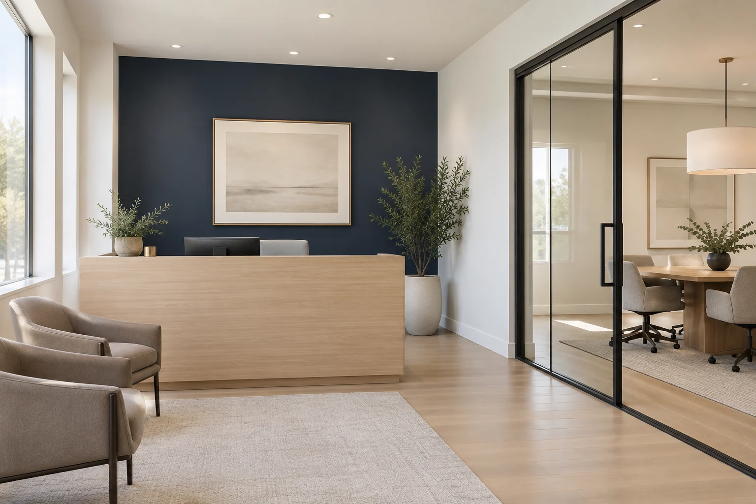 Commercial color inspiration with a navy and warm white office reception