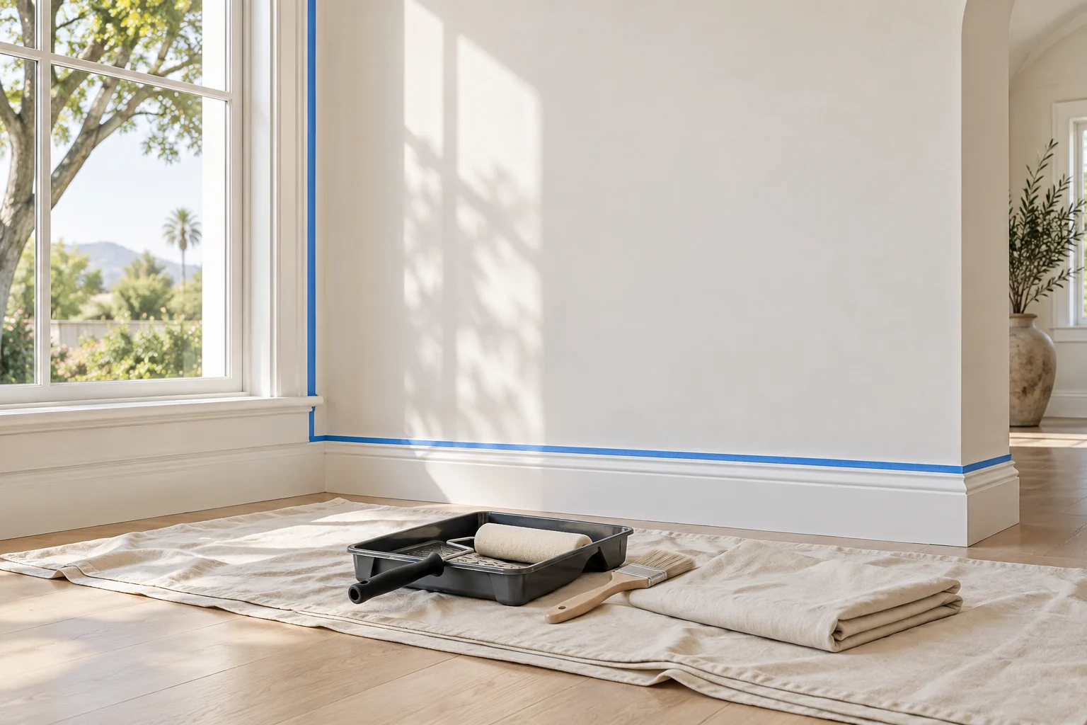 Painting preparation with protected flooring and neatly arranged tools