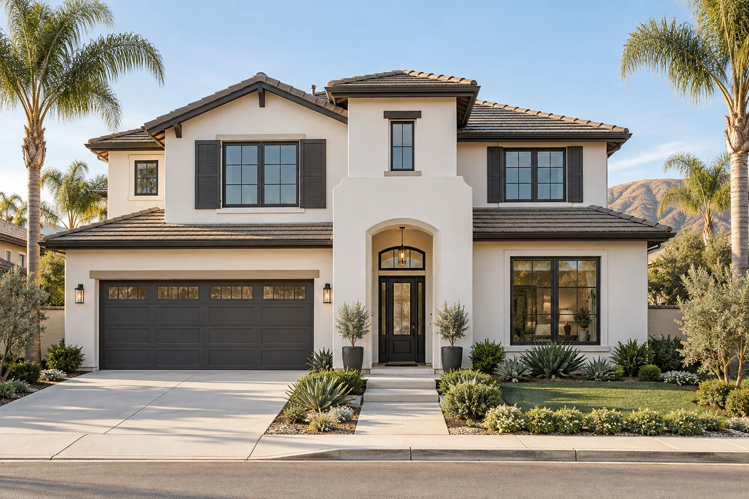 Exterior color inspiration: warm white stucco, charcoal trim, and a landscaped entry
