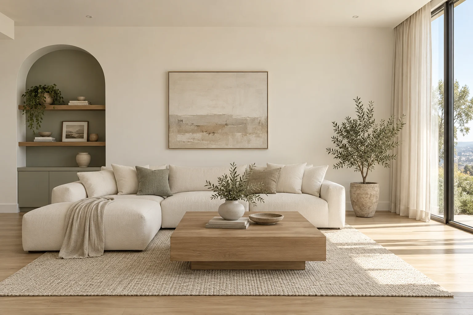Interior color inspiration with warm white walls and a soft sage accent